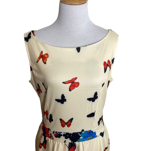 Owin Cream Butterfly Floral A Line Fit and Flare Dress. Size Medium. New - Picture 2 of 8